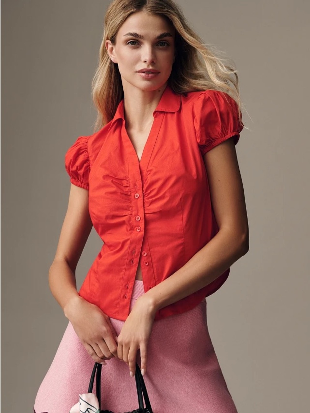 Anthropologie Maeve red short puff sleeve button up shirt size large v neck